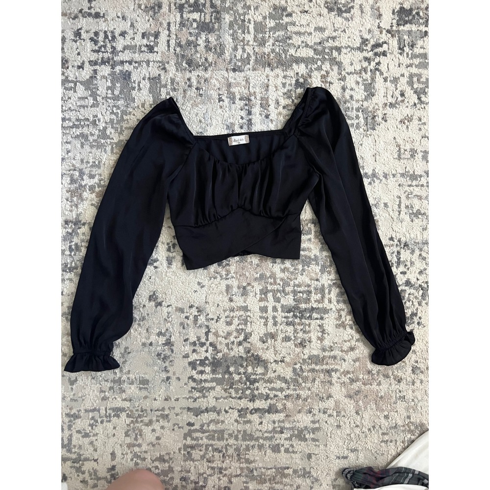 Altar'd State Black Ruched Square Neck Crop Top Long Sleeve XS BE21768-ISA